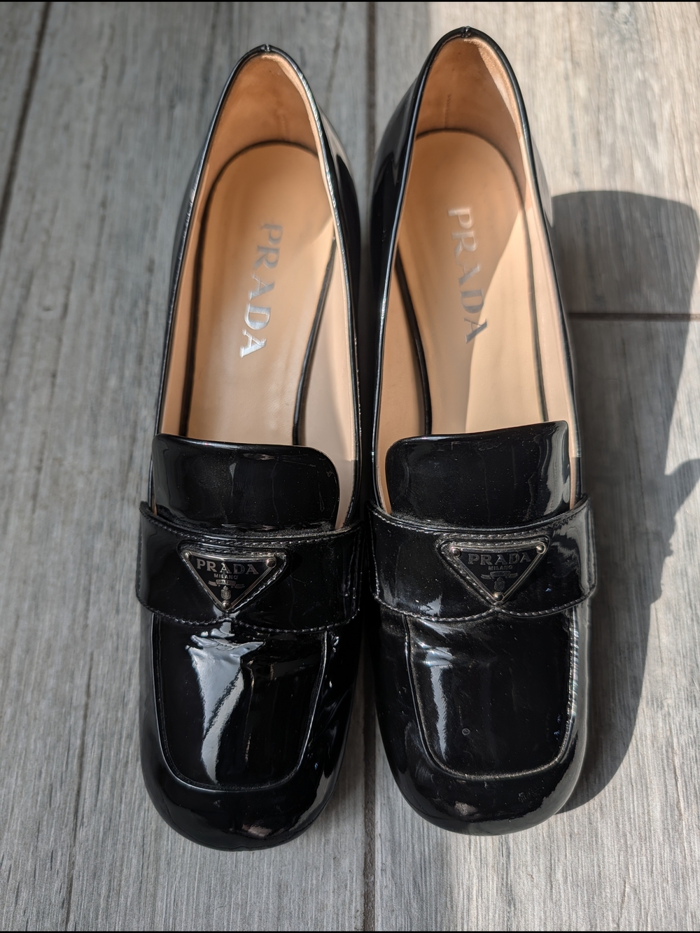 Prada Vernice Black Patent Leather Loafers with Logo Plaque
